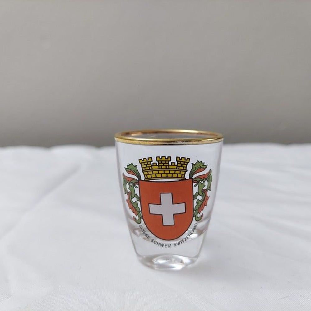 Vintage Switzerland Souvenir Shot Glass Barware Gold Rim Suisse Schweiz